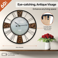 Wall Clock Large Vintage Design Stylish Metal Accents 60cm